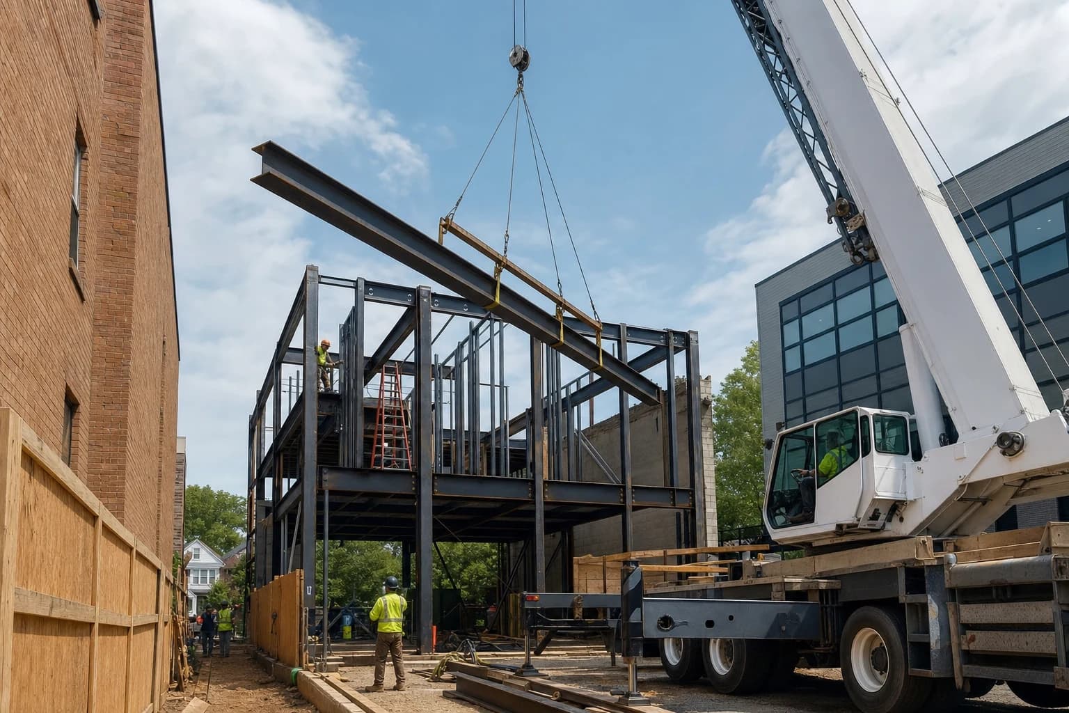 Surgical tight-lot construction site in North Arlington, Virginia with a crane hoisting steel I-beams for a second-story addition