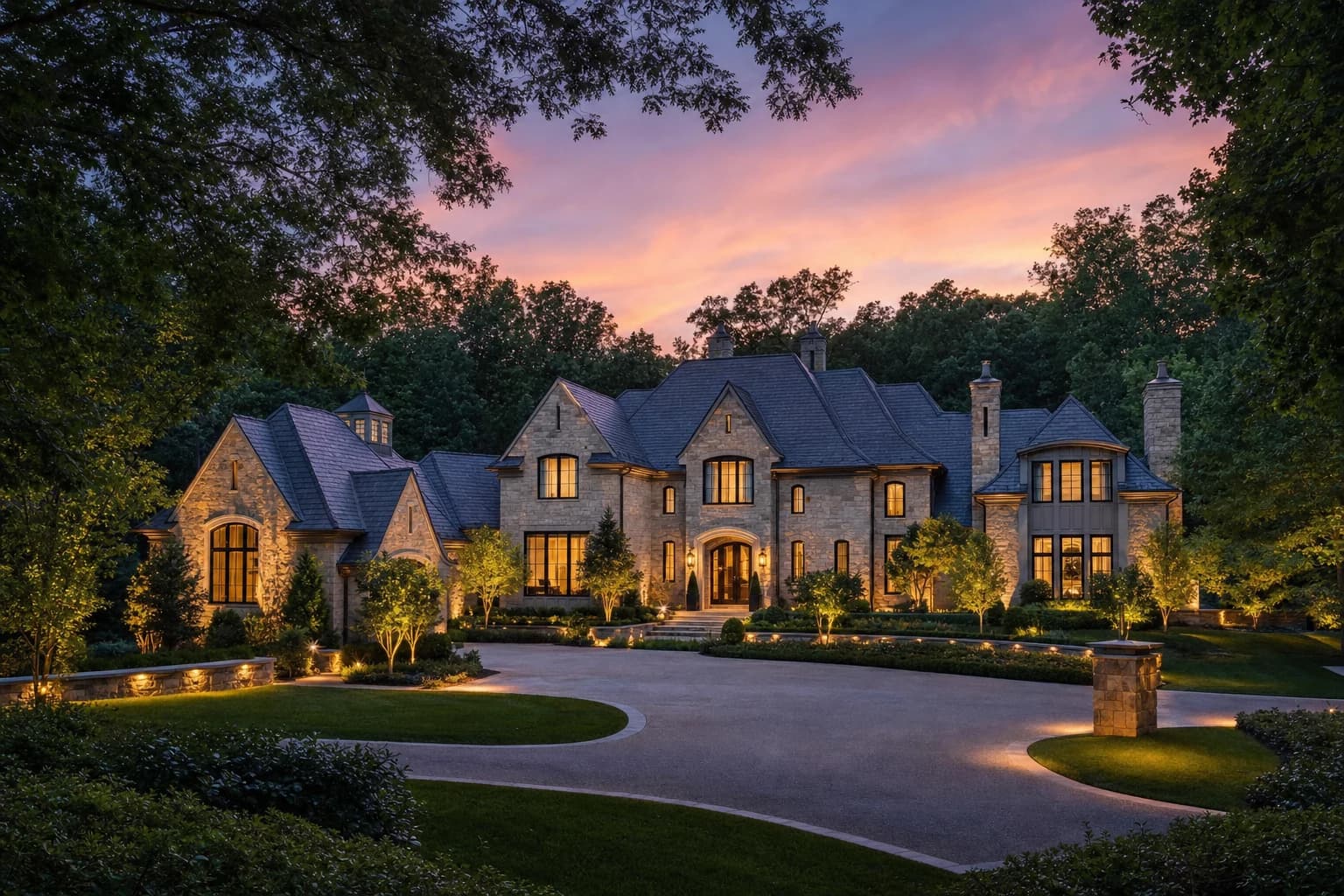 A breathtaking twilight shot of an expansive, ultra-luxury modern transitional estate sitting on a heavily wooded lot in Oakton, Virginia