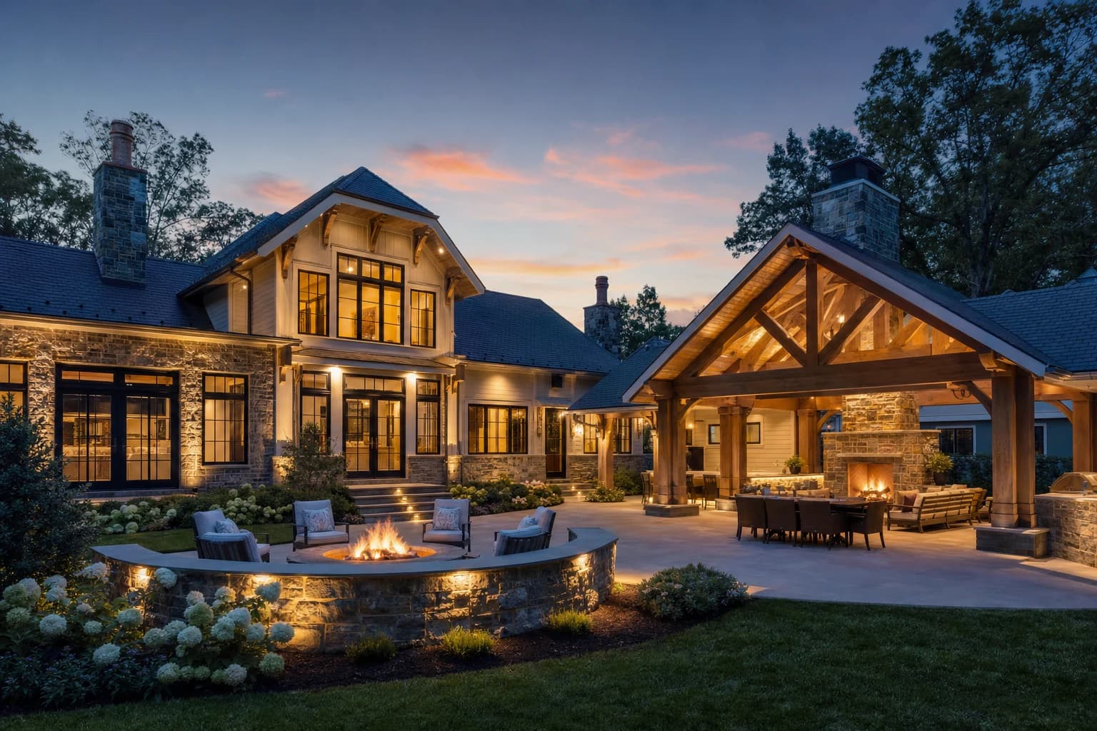Seamless massive two-story addition and luxury outdoor pavilion with stone fireplace on an Oakton, Virginia property