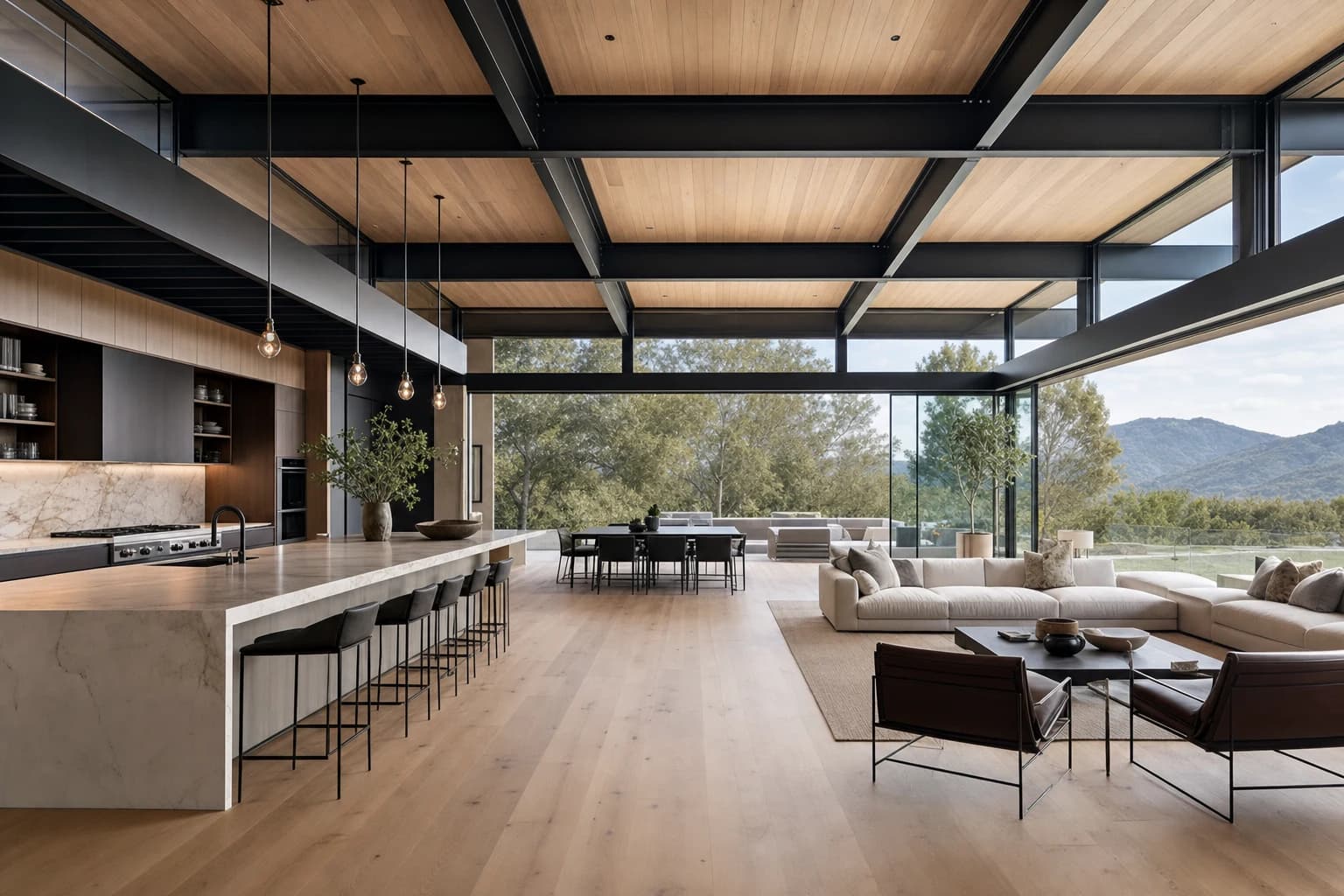 Stunning modern luxury kitchen and open living space with massive 30-foot steel spans without columns in Oakton, Virginia