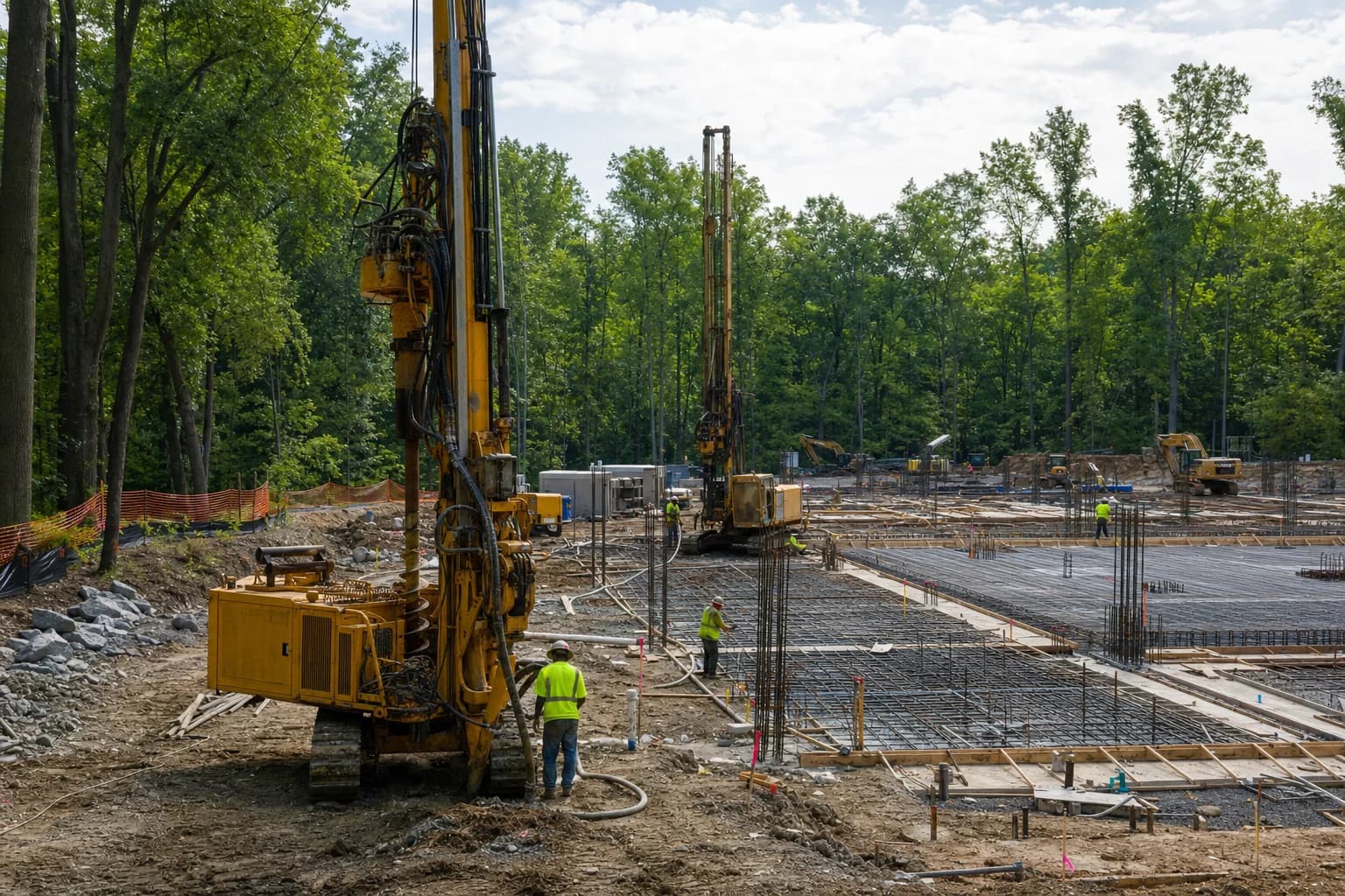 Heavy civil construction equipment drilling deep foundation micro-piles on a large wooded lot in Oakton, Virginia