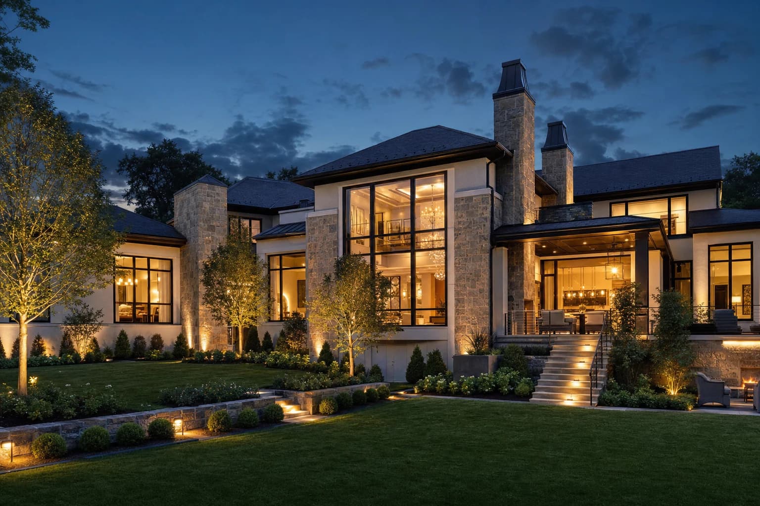 Dramatic twilight view of an ultra-luxury modern transitional estate in McLean, Virginia