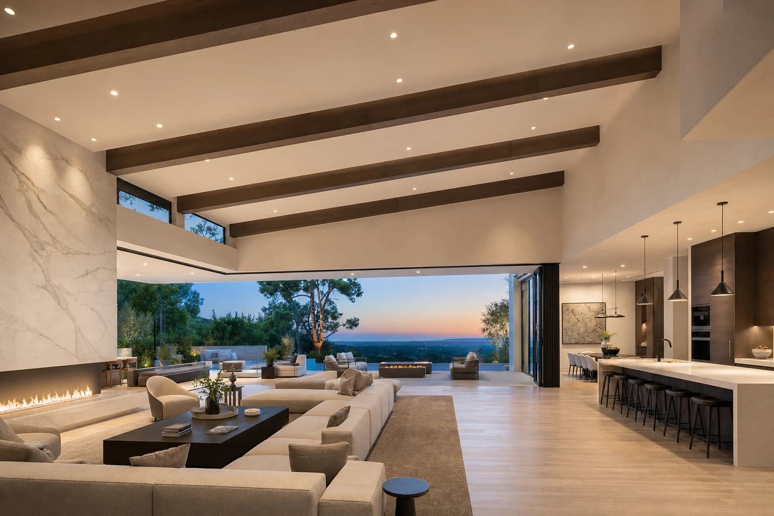 Stunning remodeled living space with a massive 30-foot open ceiling span and folding glass wall