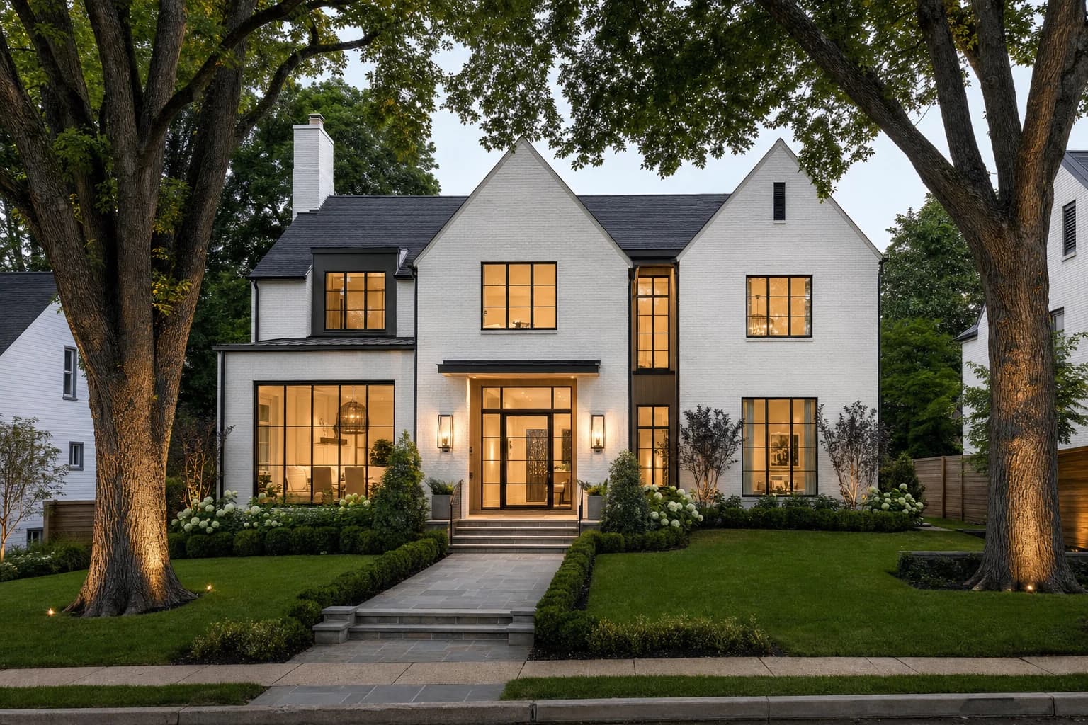 Modern white painted brick transitional luxury home in downtown Vienna, Virginia