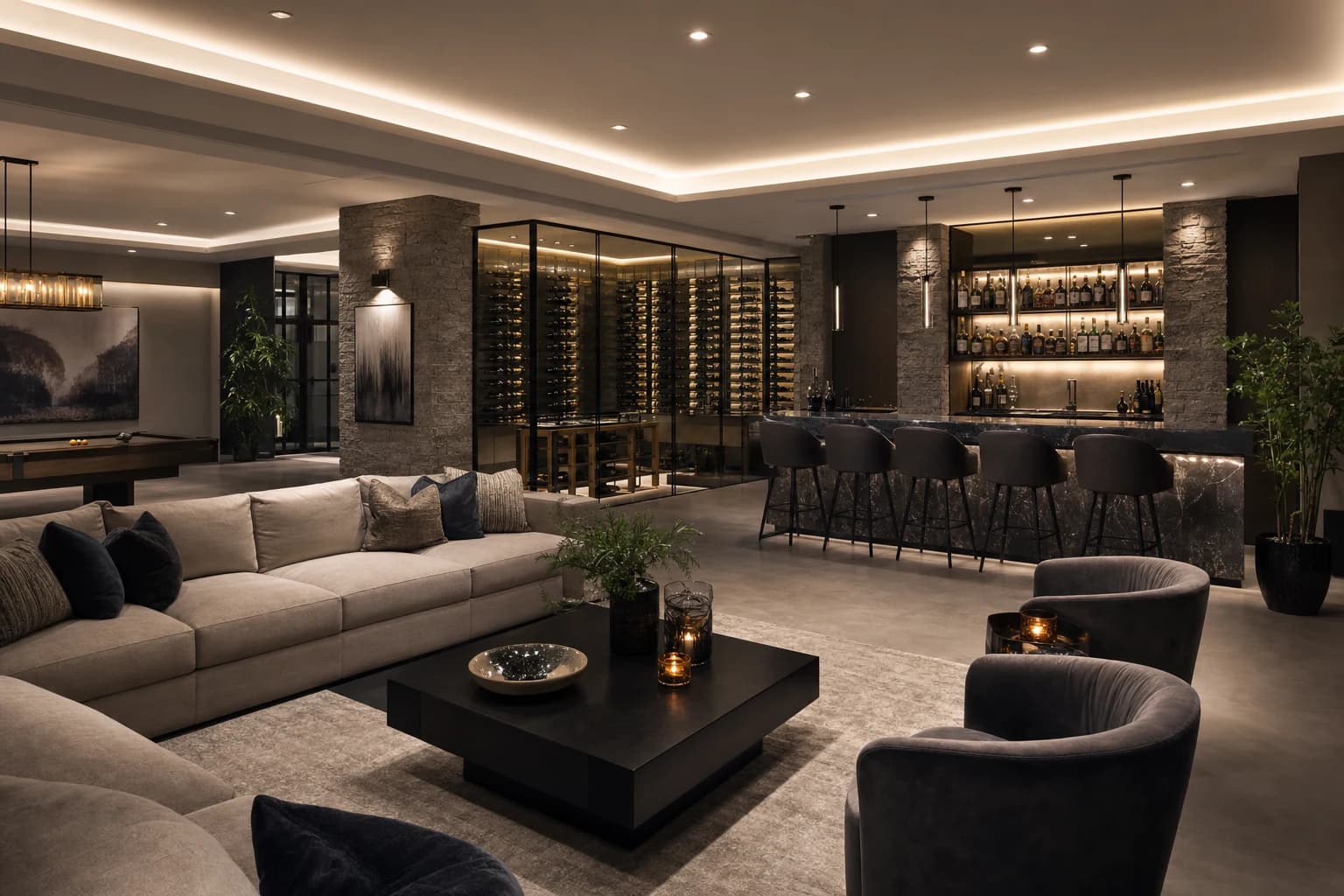 Stunning modern luxury basement with 10-foot ceilings and a glass enclosed wine cellar in Vienna, Virginia