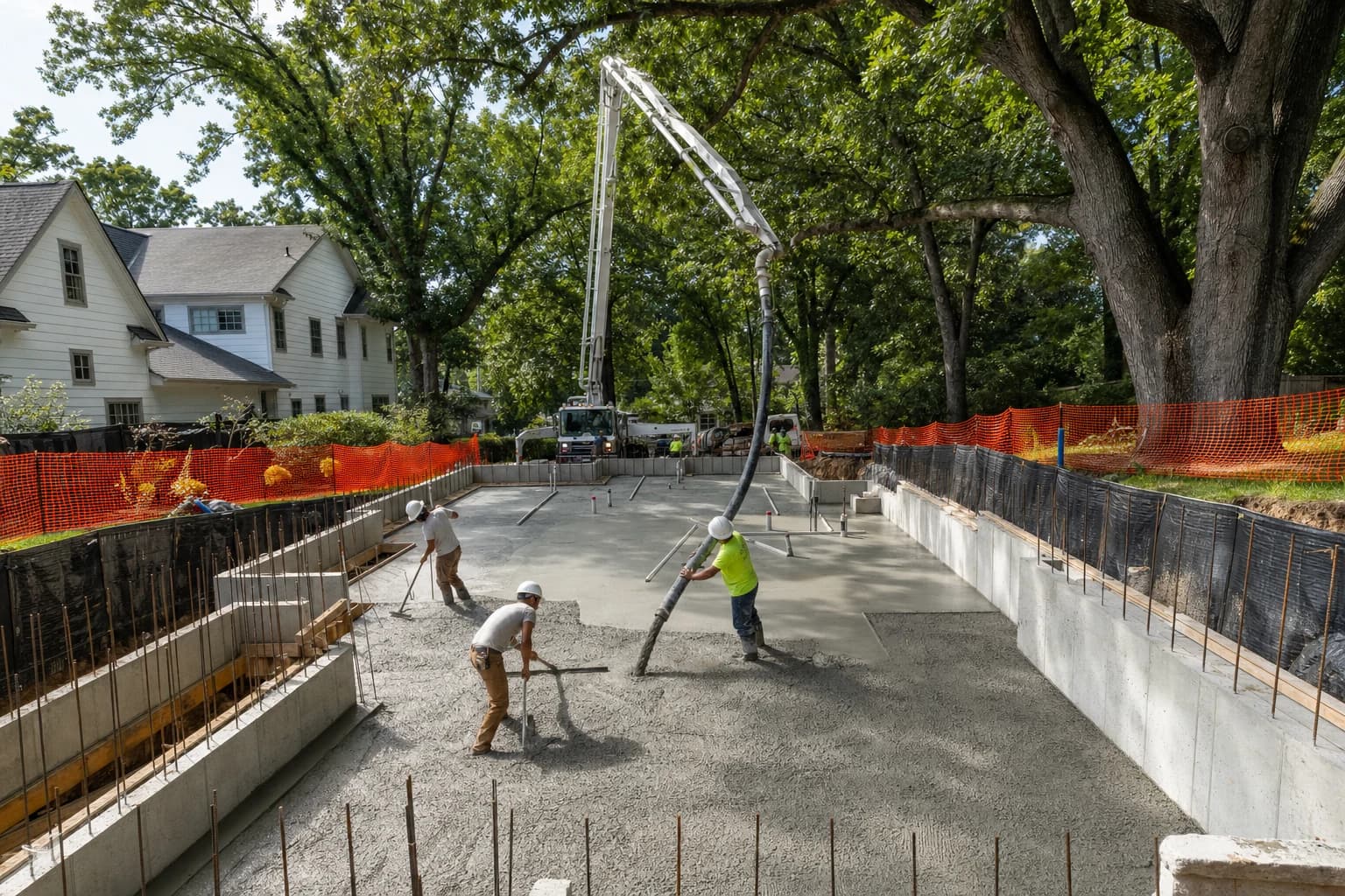 Surgical tight-lot construction site in Vienna, Virginia with a new foundation being poured near protected legacy oak trees