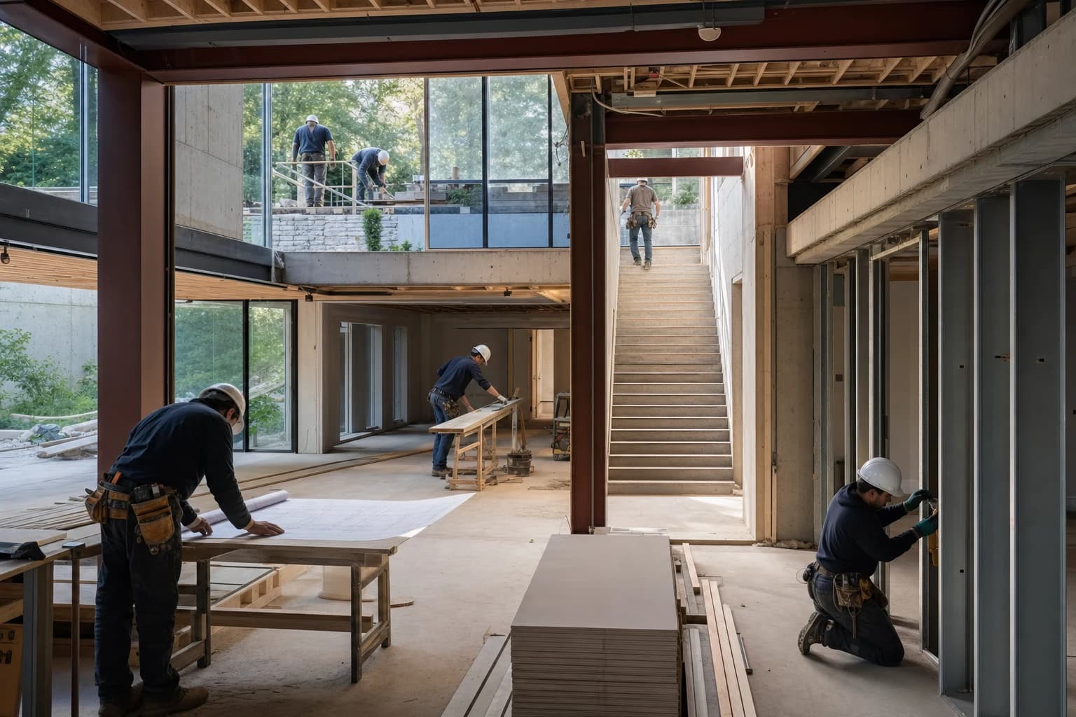 Professional construction crew executing a Basement Renovations on a complex luxury site in Vienna, Virginia